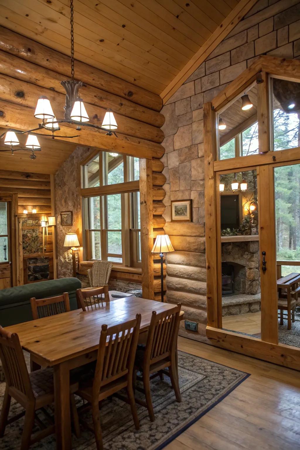 Strategic mirror placement in a cabin interior to reflect light and magnify space.