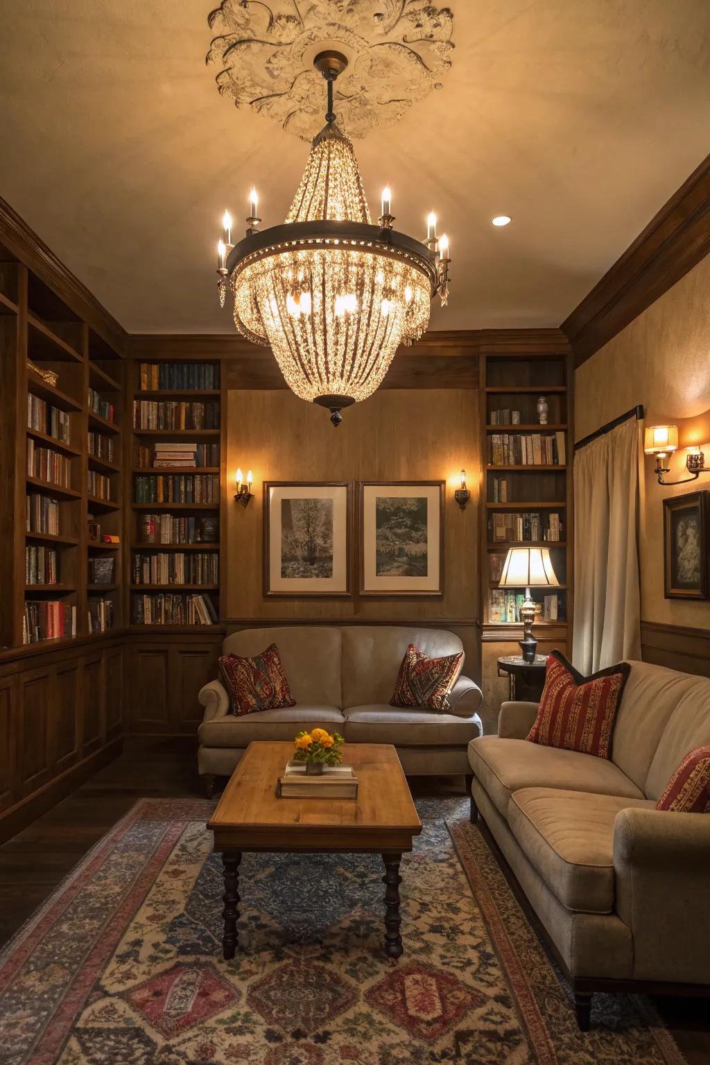 A statement illumination fixture imparts drama and focalization.