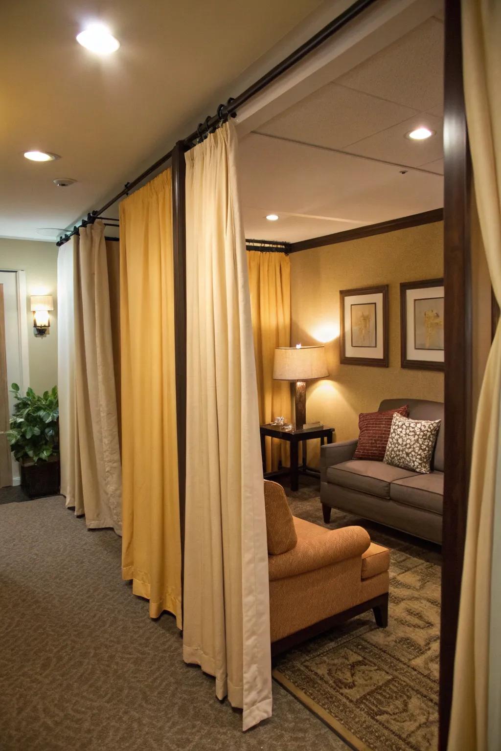 Drapery creates zones for multifunctionality in a den.