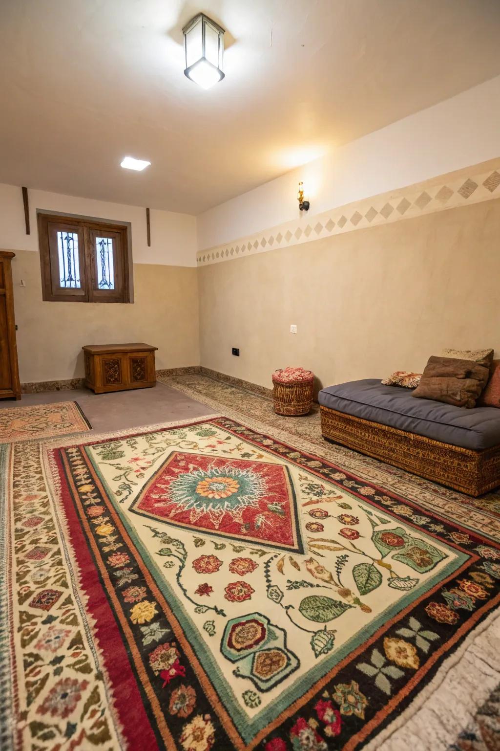 Large rugs establish and add warmth to the area.