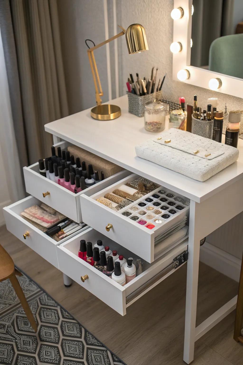 Sub-surface storage maintains essentials concealed yet readily accessible.