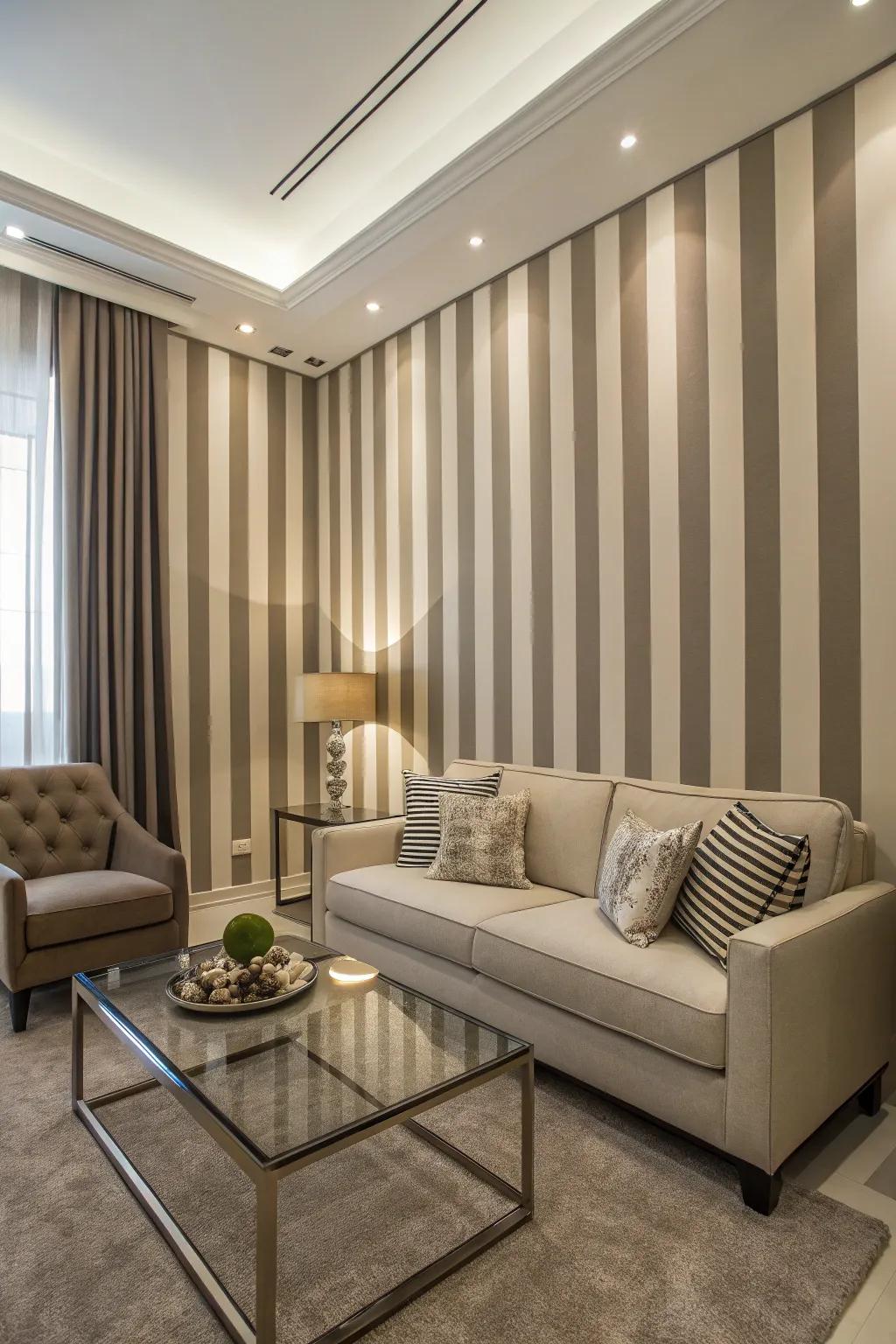 A small living room with vertical stripes for added height.