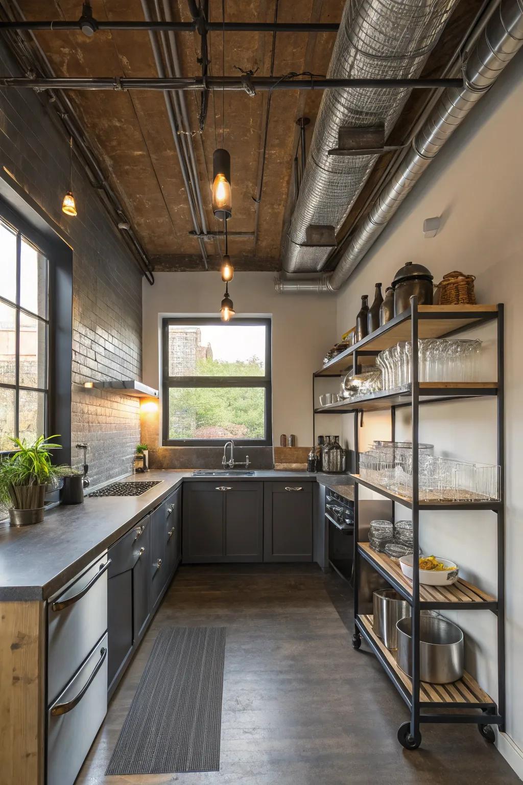 Factory-inspired elements introduce an urban, edgy feel to modern small kitchens.