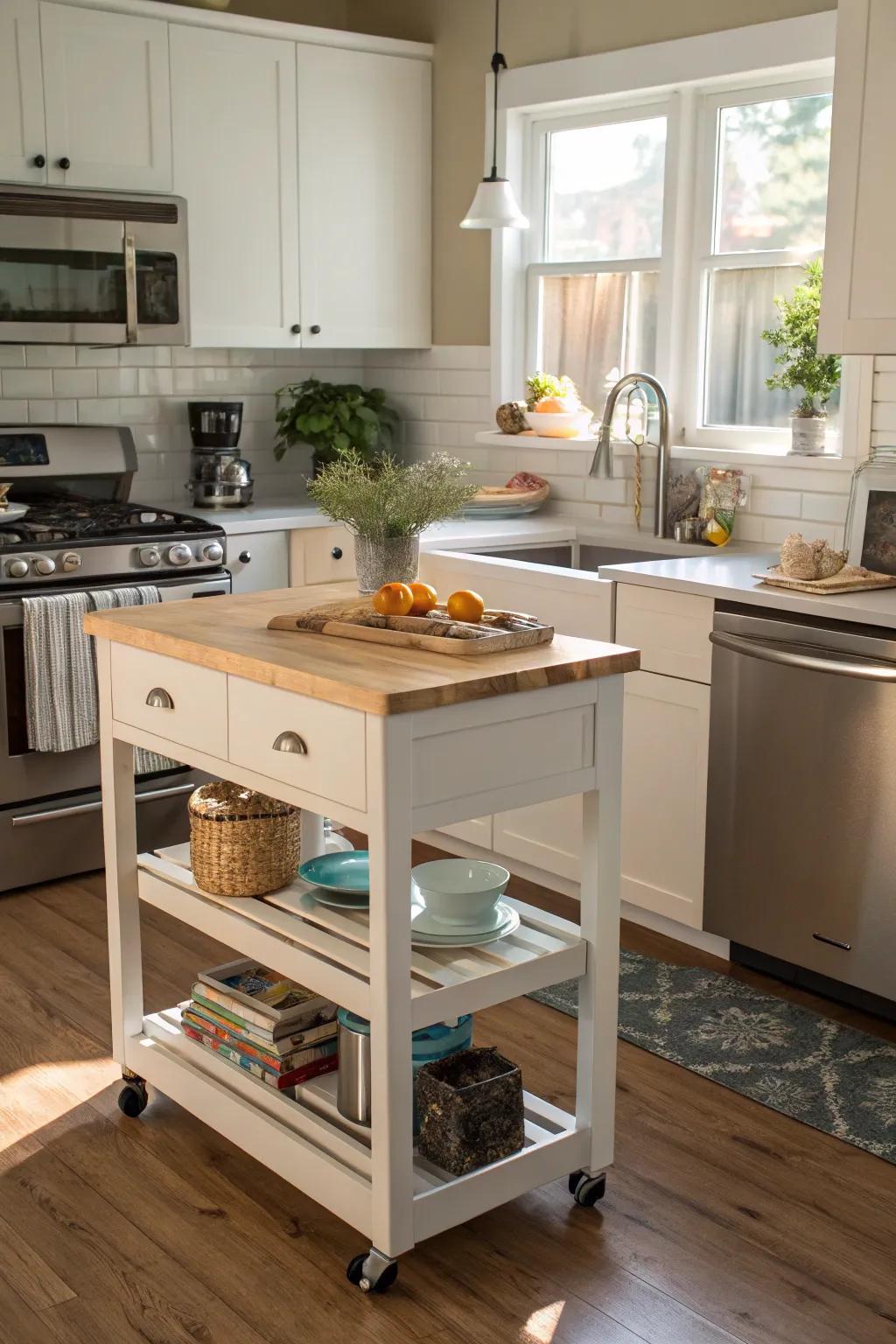 A mobile central workspace introduces adaptable surface space for this reduced cooking space.
