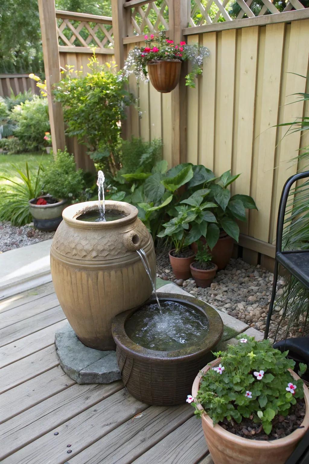 A DIY water fountain introduces a soothing element to the patio.