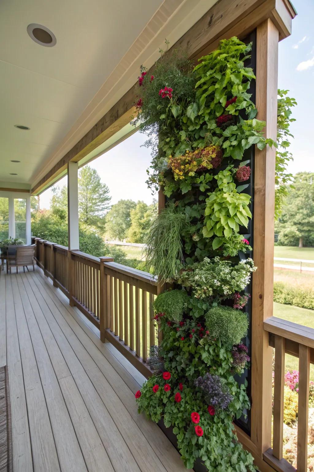 A side porch showcasing a vibrant vertical garden of assorted plants.