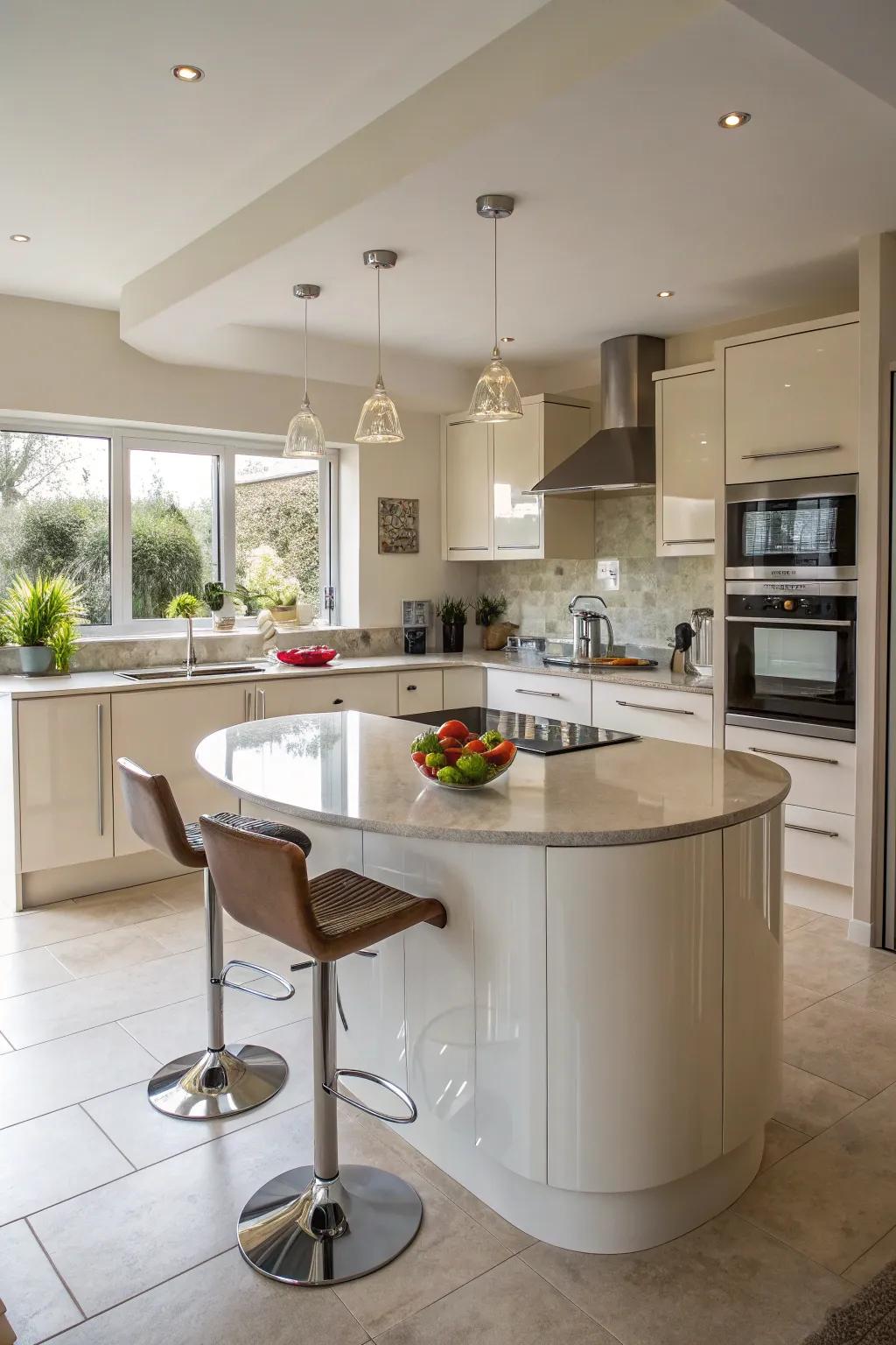 Curvilinear islands amplifying flow and accessibility in a compact kitchen environment.