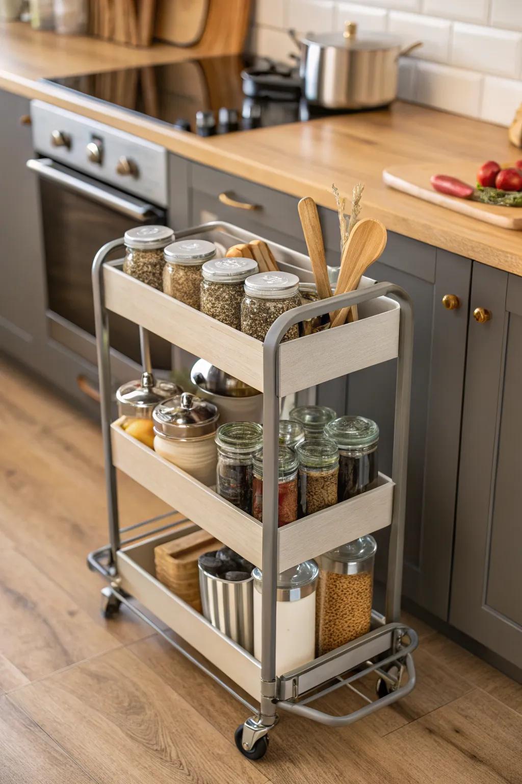 A stylish rolling cart in a kitchen, offering flexible storage.