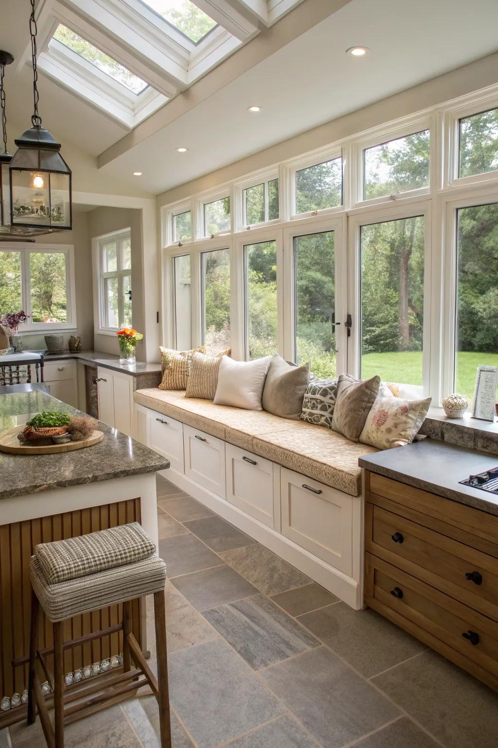 Fixed seating enhances space and comfort.