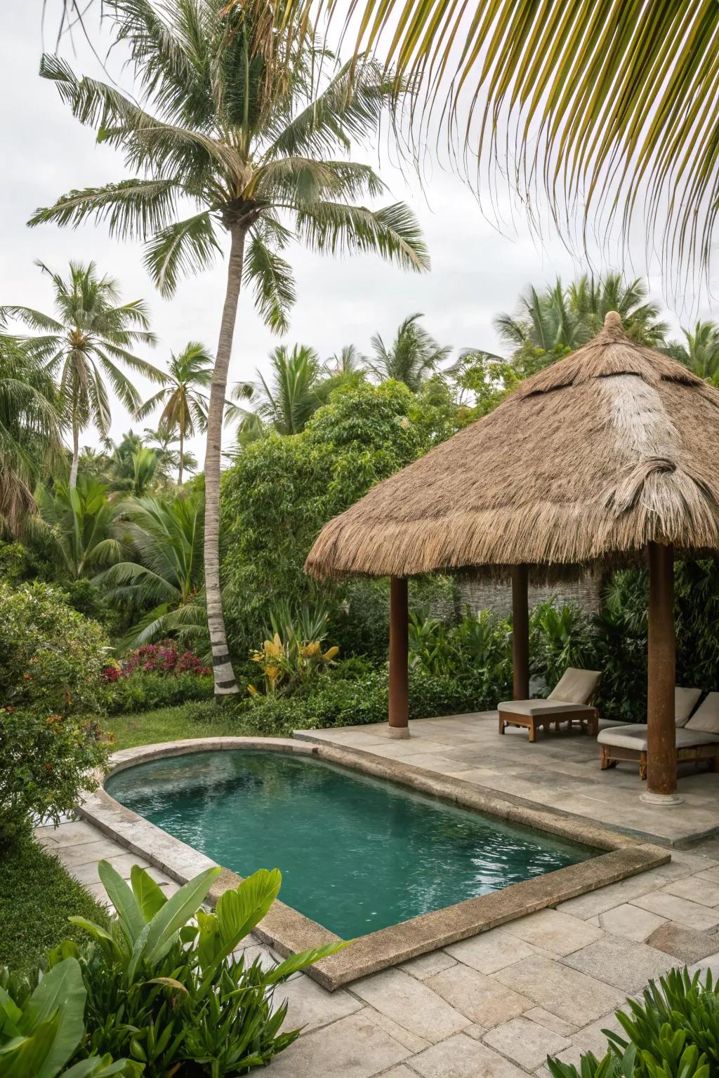 Thatched shielding structures deliver tropical elegance and vital shade.