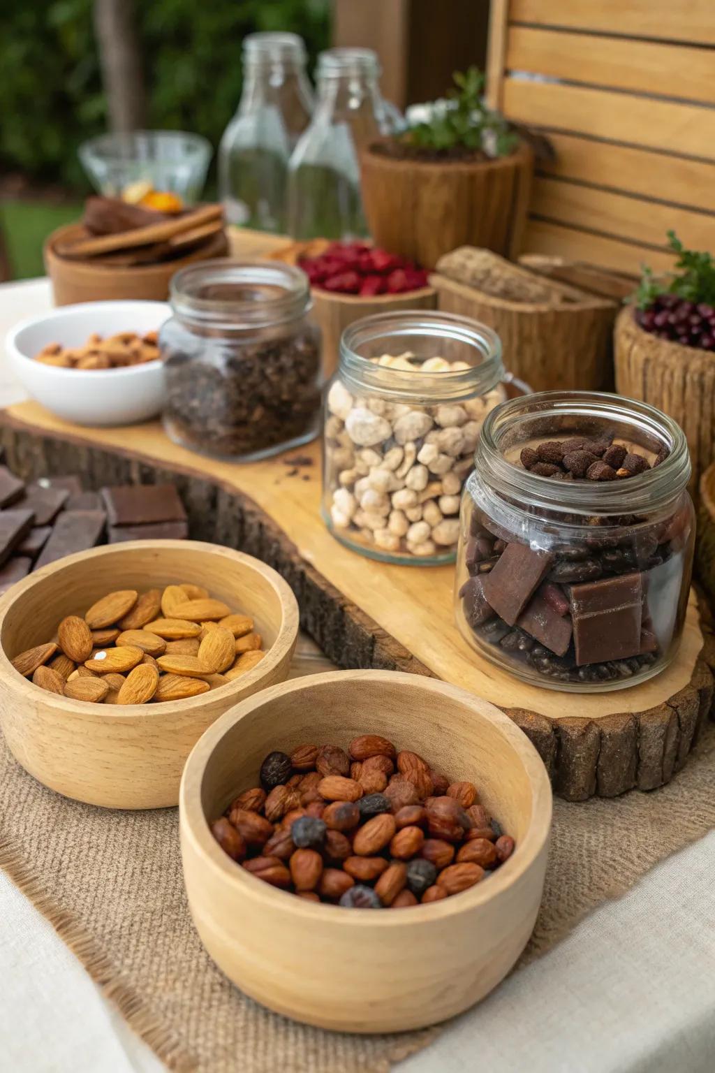 A trail mix station encouraging guests to assemble their personalized snacks.