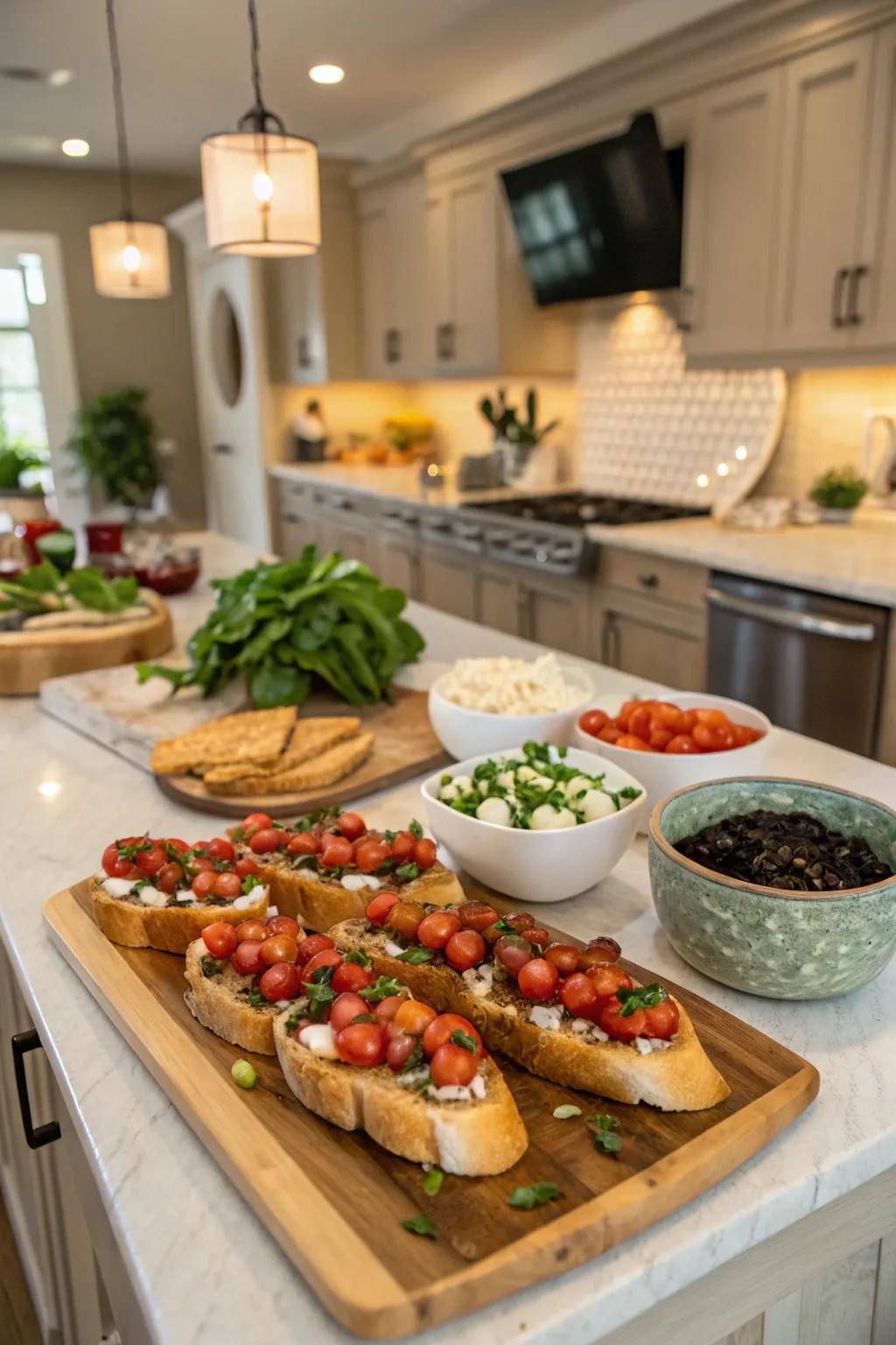 A bespoke bruschetta station for personalized savory snacks.