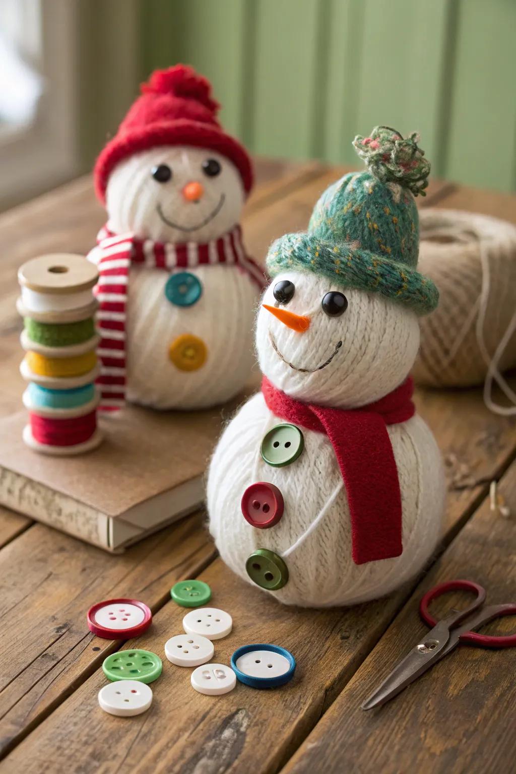 Yarn snowmen showcase creativity.
