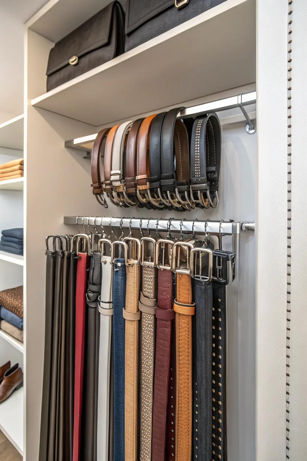 Sliding belt racks maintain the tangle-free condition and accessibility of belts.