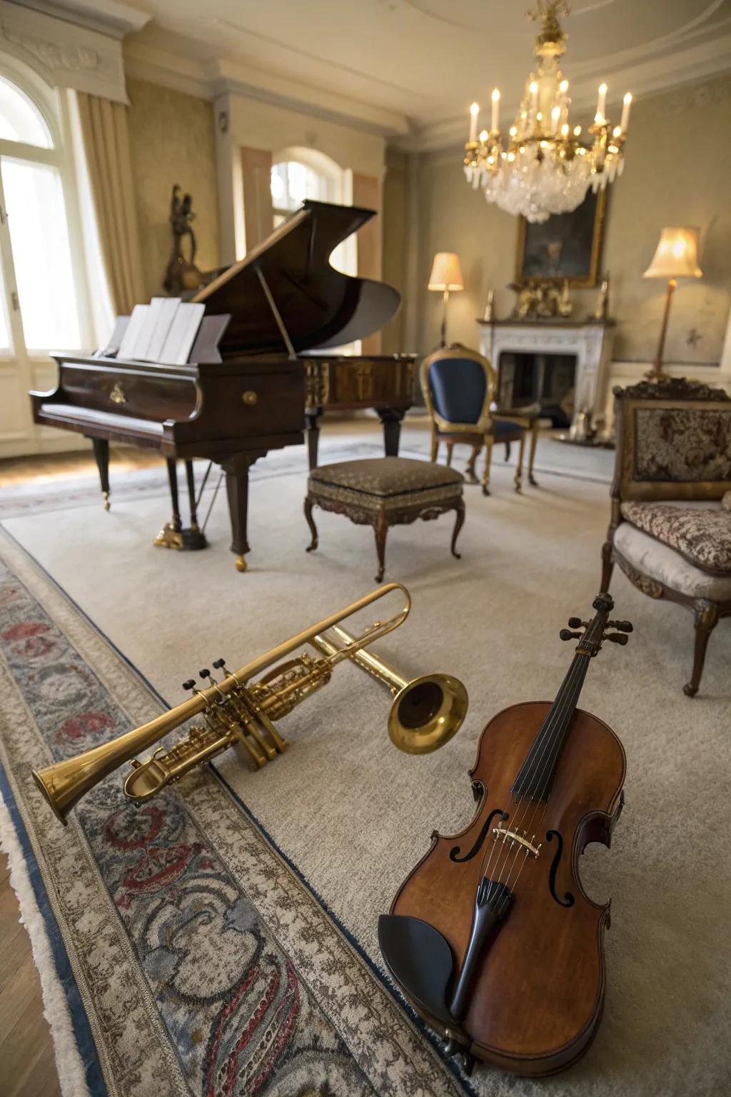 Musical instruments suggest lively entertainment and social gatherings.