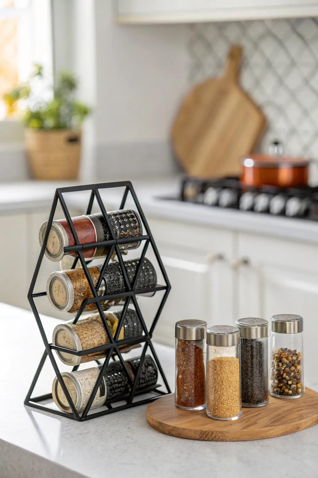 Criss-cross spice storage adds a modern touch.