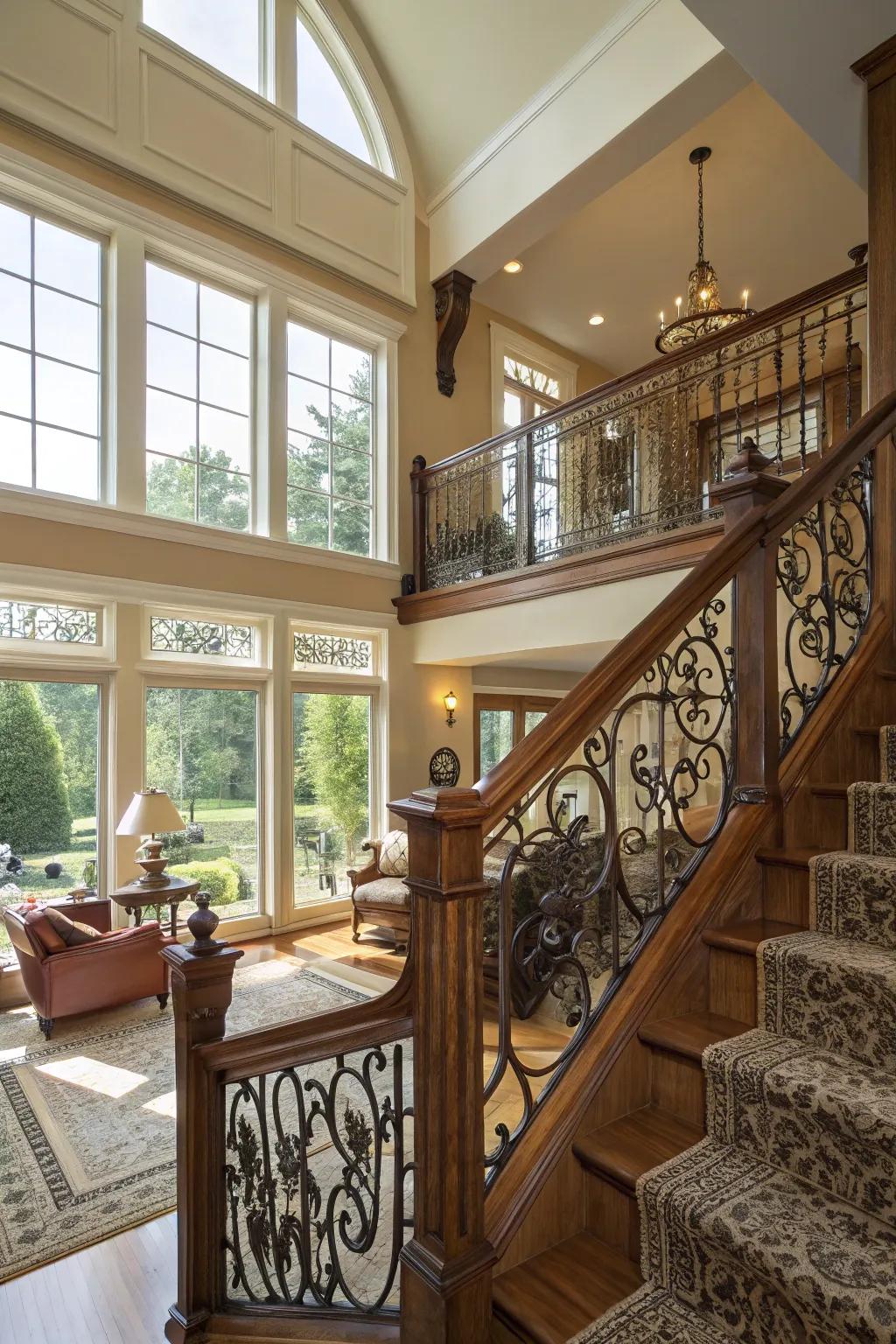 Ornate woodwork railings adding traditional elegance to a split-level home.