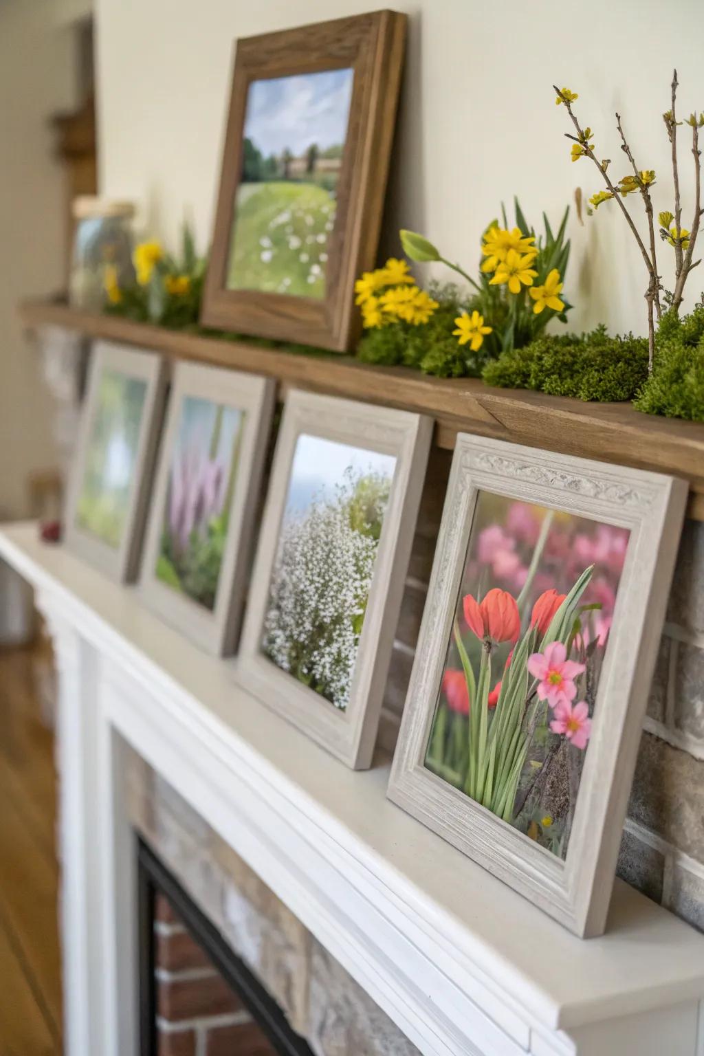 Layered frames incorporating depth and personalization to the mantel.