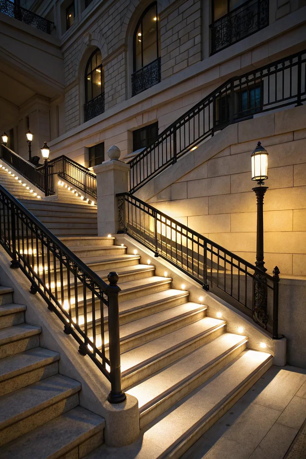 Track lighting underscores the staircase railings.