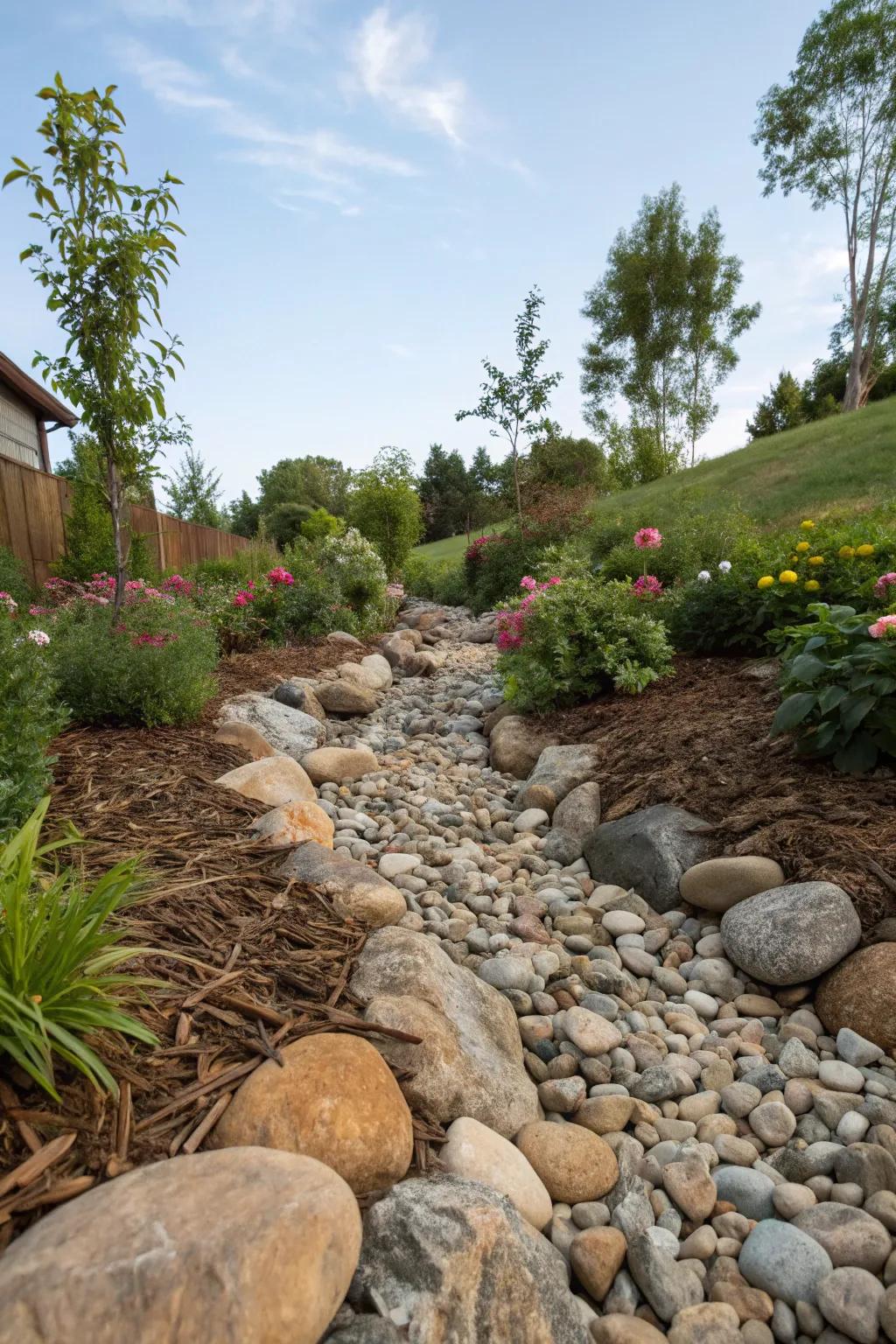 Impart a sensation of fluidity to your garden with a dried stream bed.
