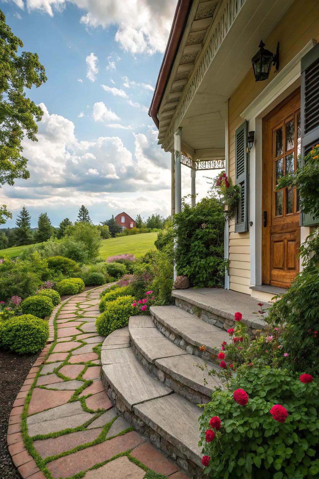 Curving stone steps forge a whimsical ingress.
