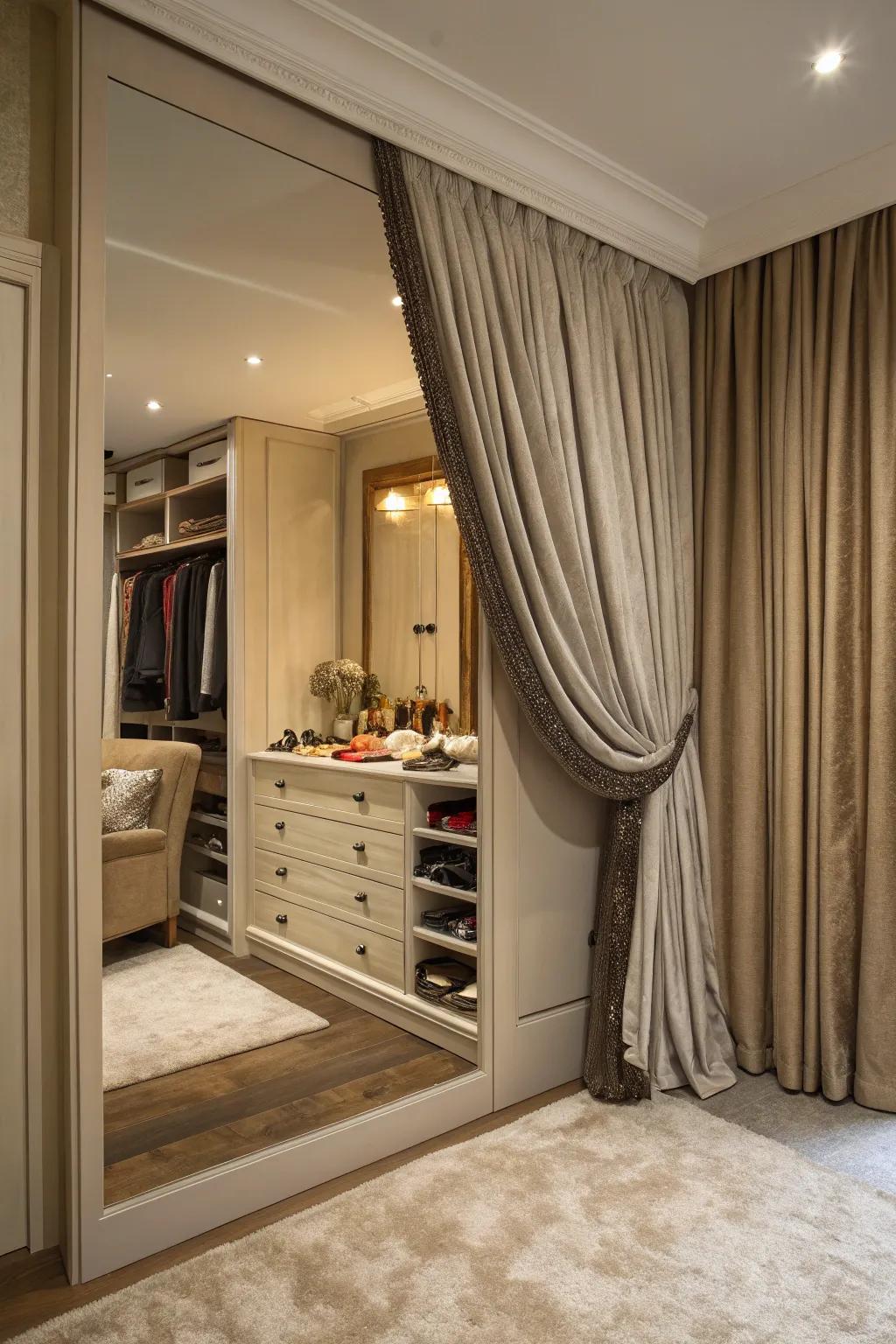 A bedroom corner featuring storage concealed behind a luxurious curtain, creating an organized and stylish aesthetic.