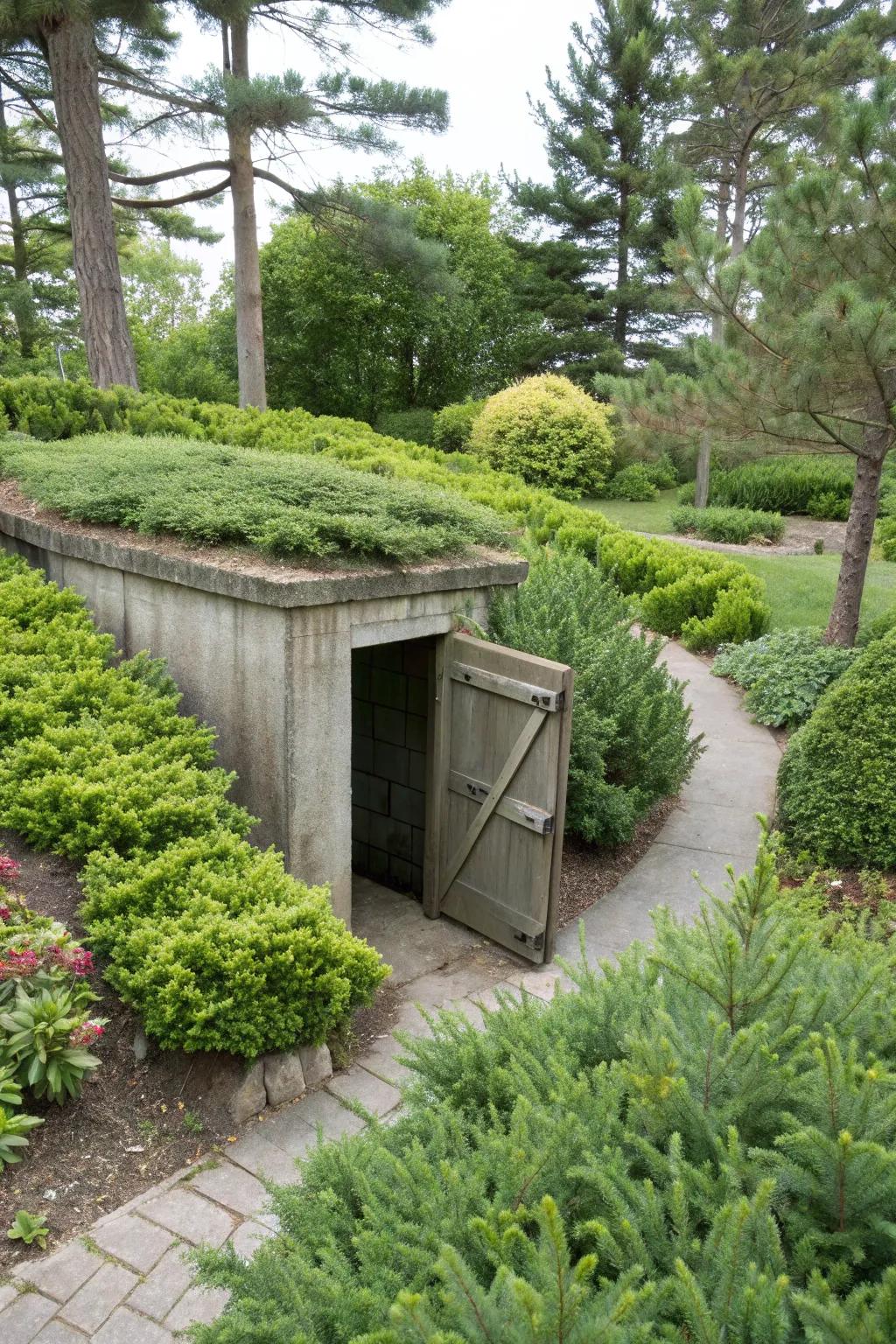 Perennial bushes offer enduring beauty and require minimal maintenance around the storm shelter.