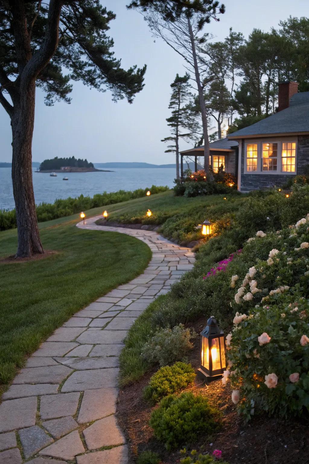 Lamp-lit pathways fashion a bewitching ambiance.