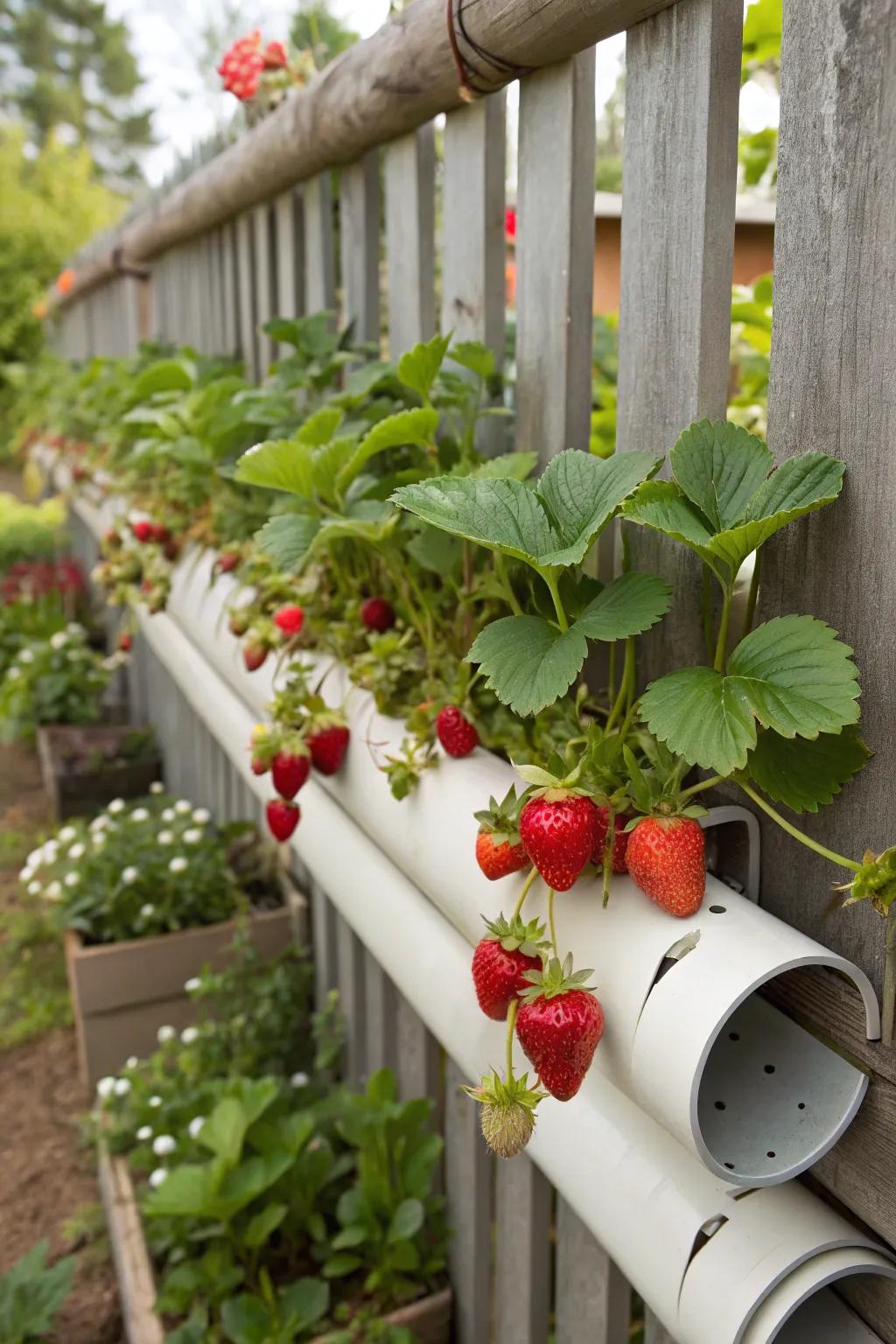 A vertical rain channel garden populated with strawberries.