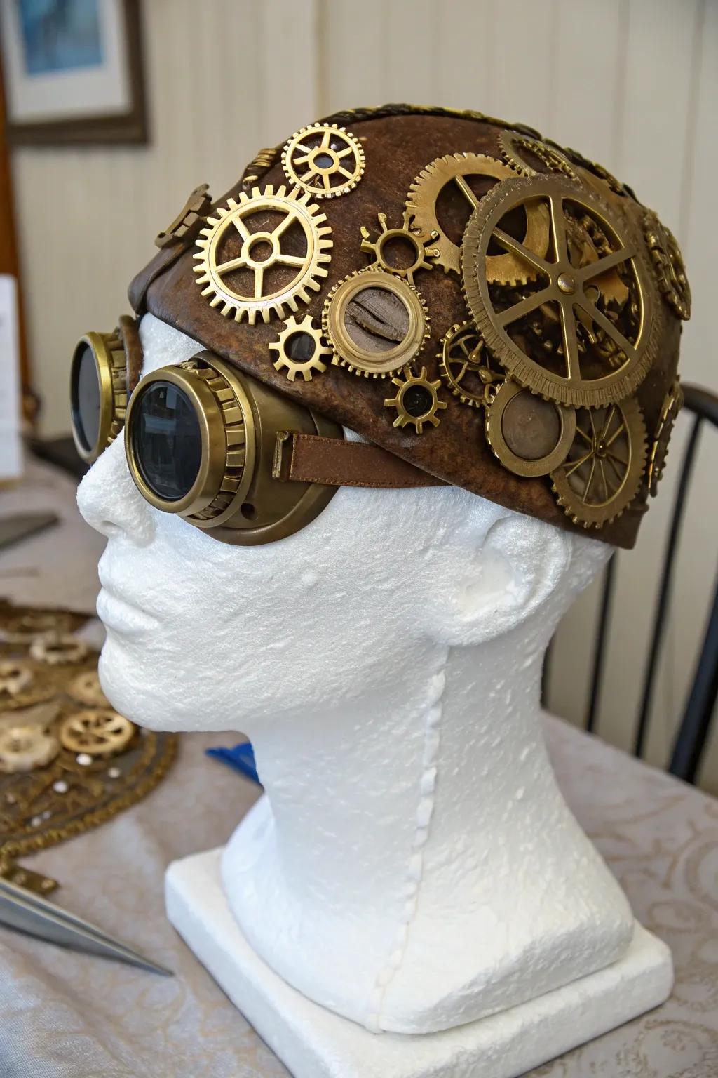 A clockwork head that merges vintage and futuristic styles.