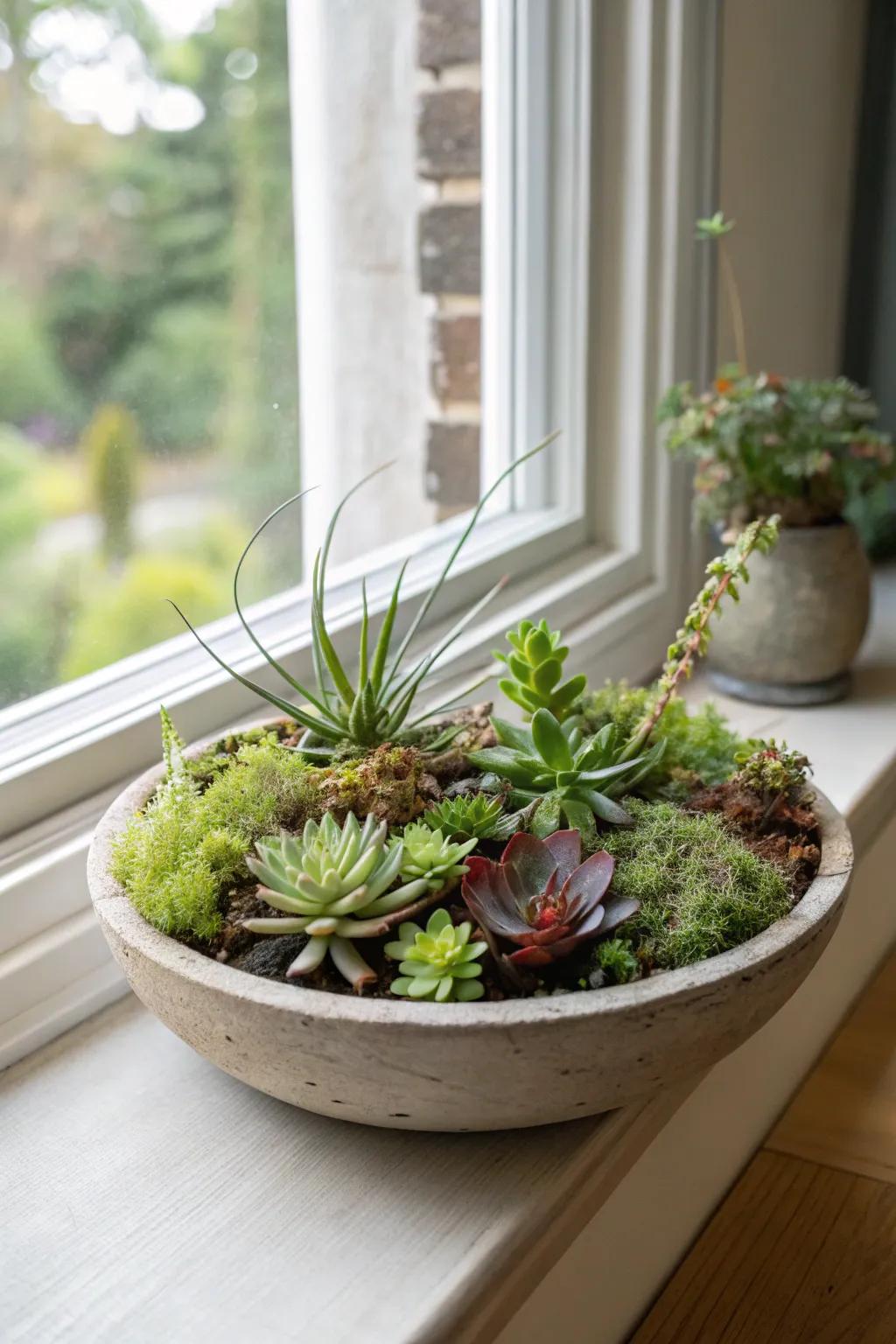 A whimsical succulent garden intermixed with air plants.