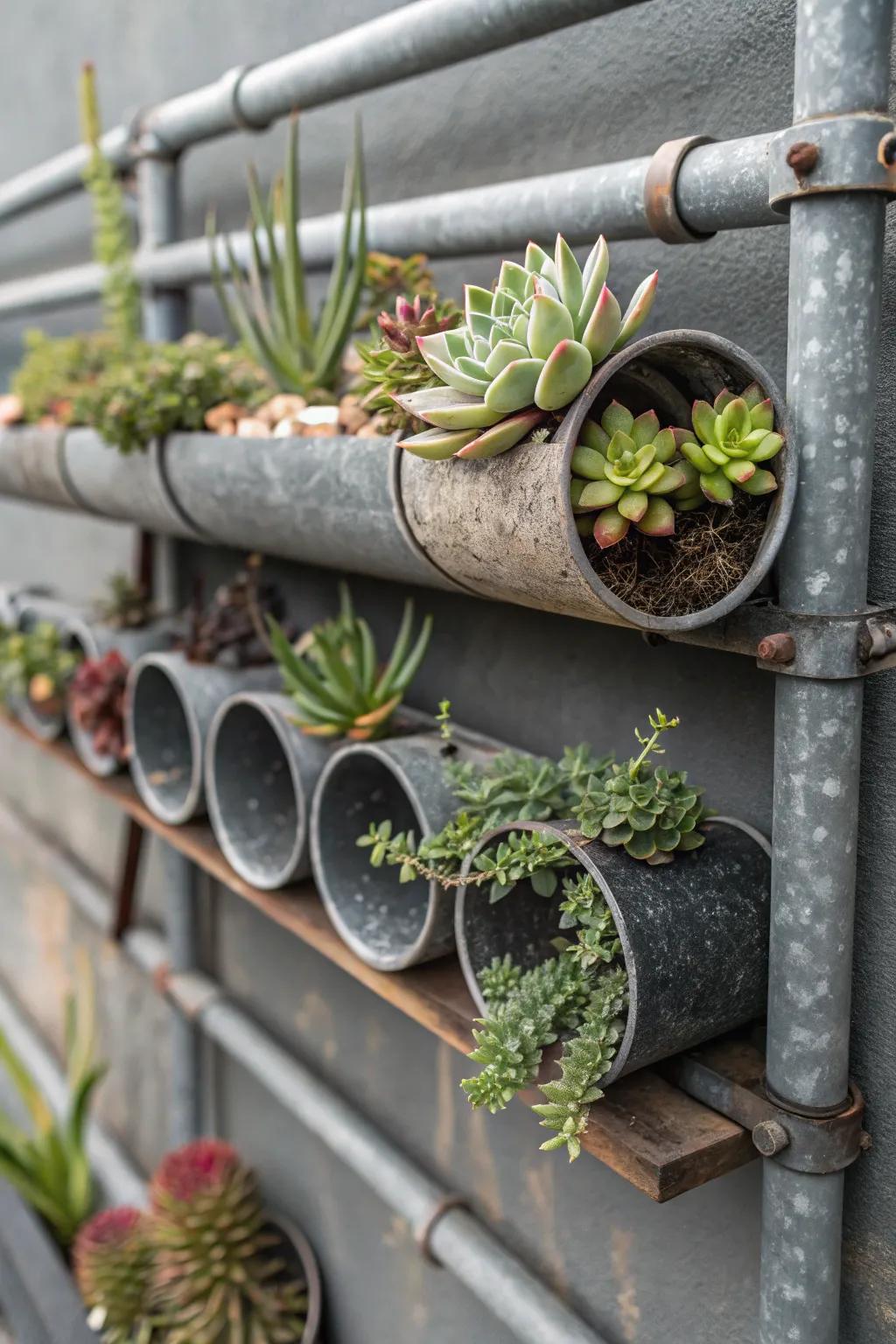 Industrial pipe containers present a daring, edgy aesthetic for succulents.