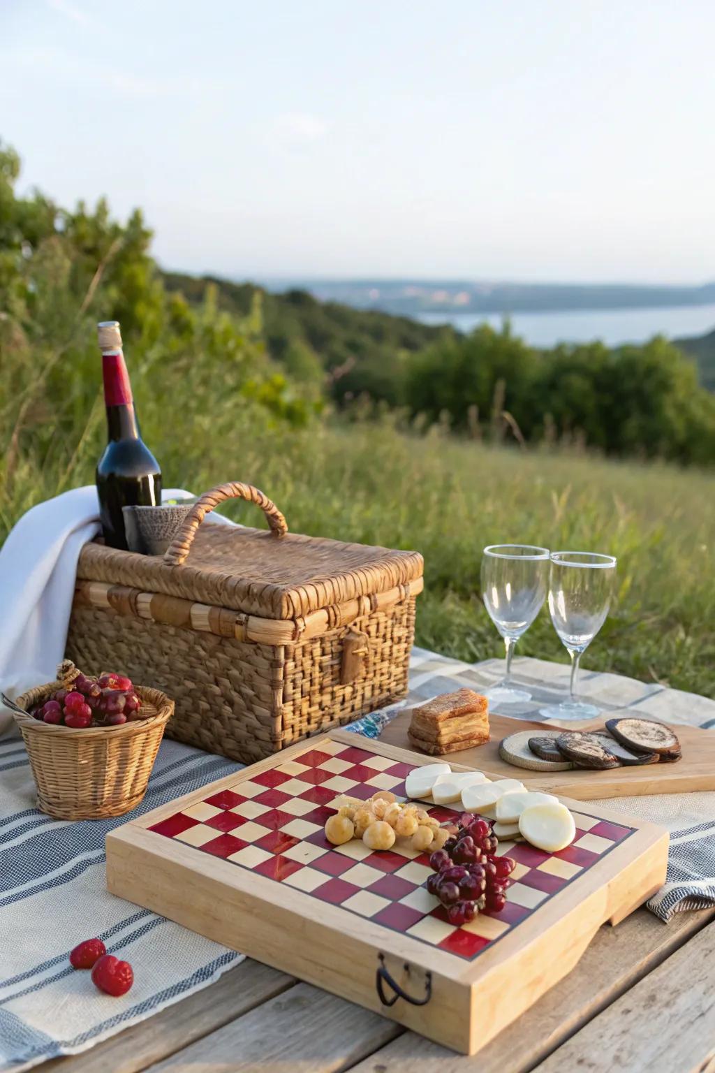 A picnic-inspired display with checkered patterns and essential picnic items.