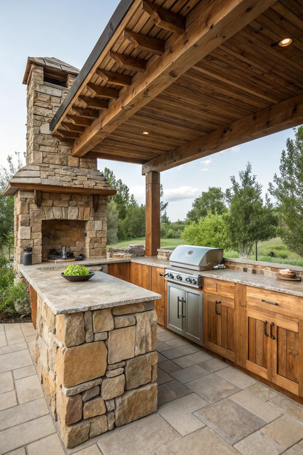 An authentic outdoor kitchen using locally sourced materials.