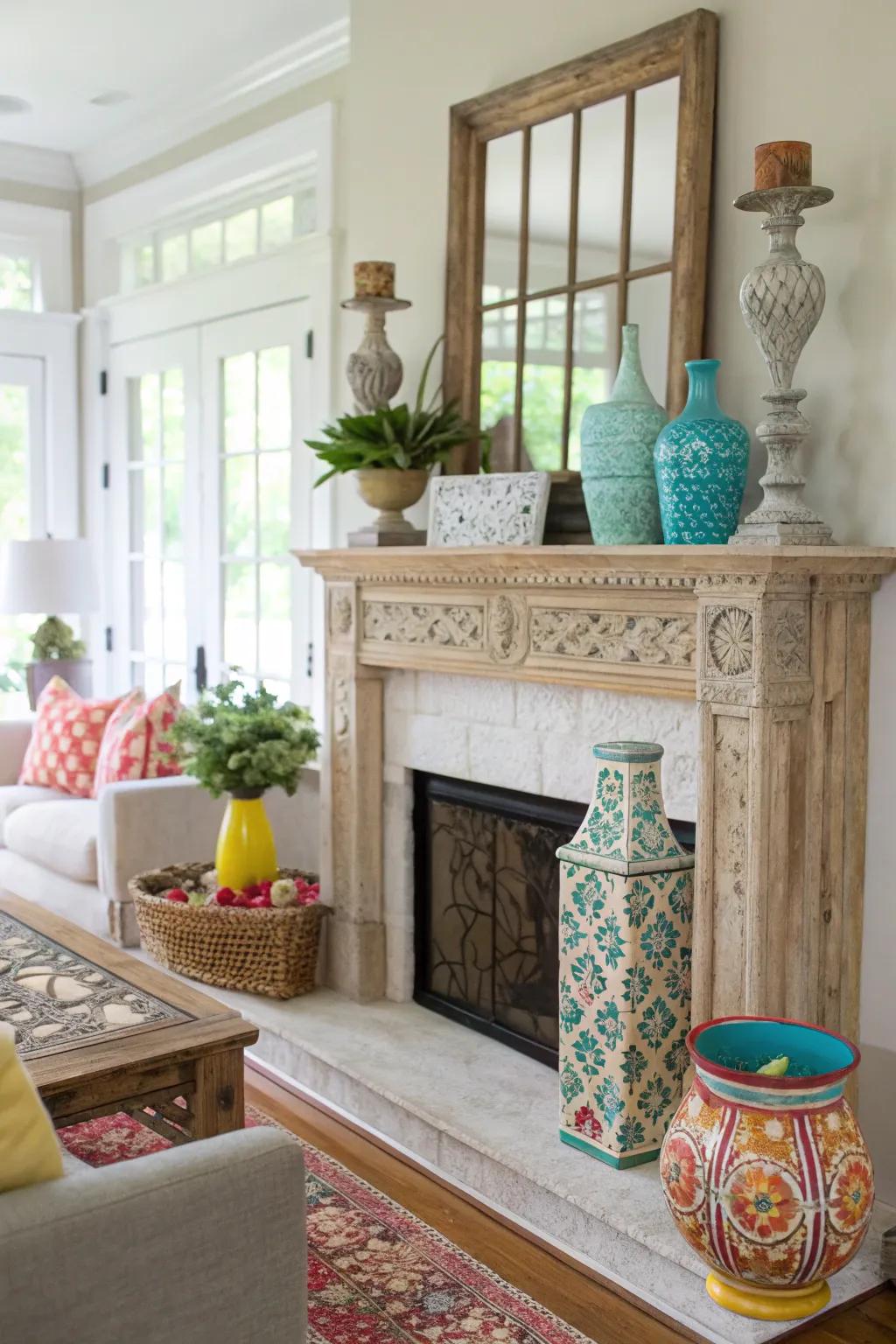 An eclectic assemblage introduces individuality to your summer mantel presentation.