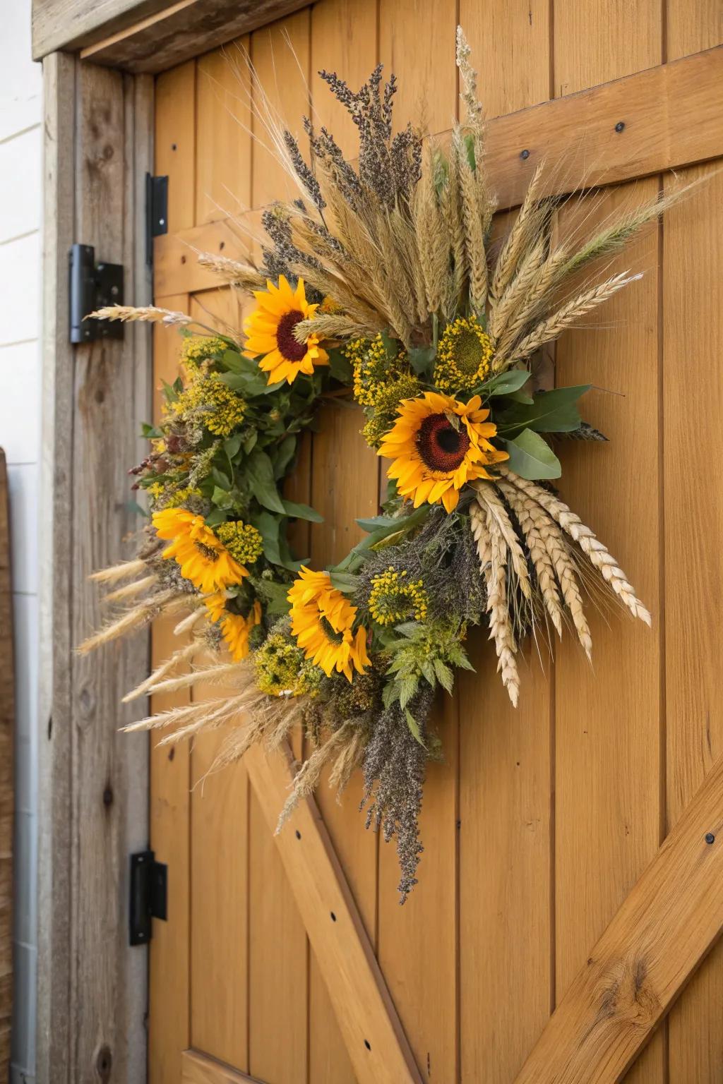 A rustic harvest wreath featuring sunbursts and wheat.