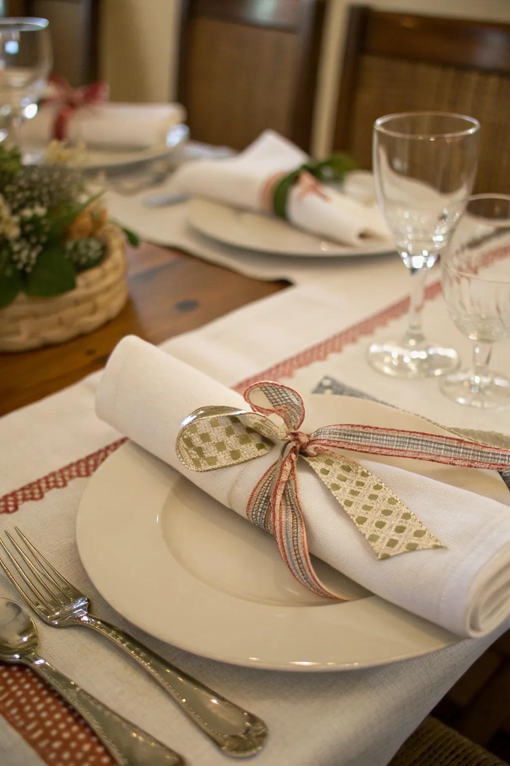Self-made serviette rings impart a personalized nuance to the table presentation.