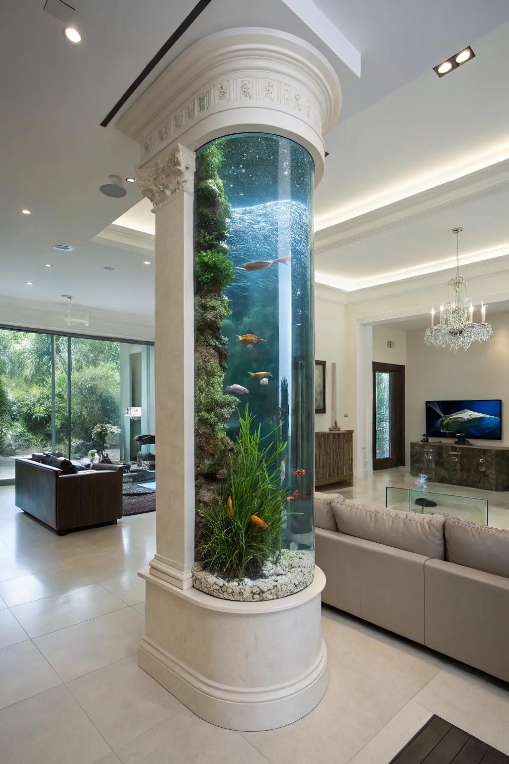 A tall aquarium functioning as a structural pillar in a modern space.