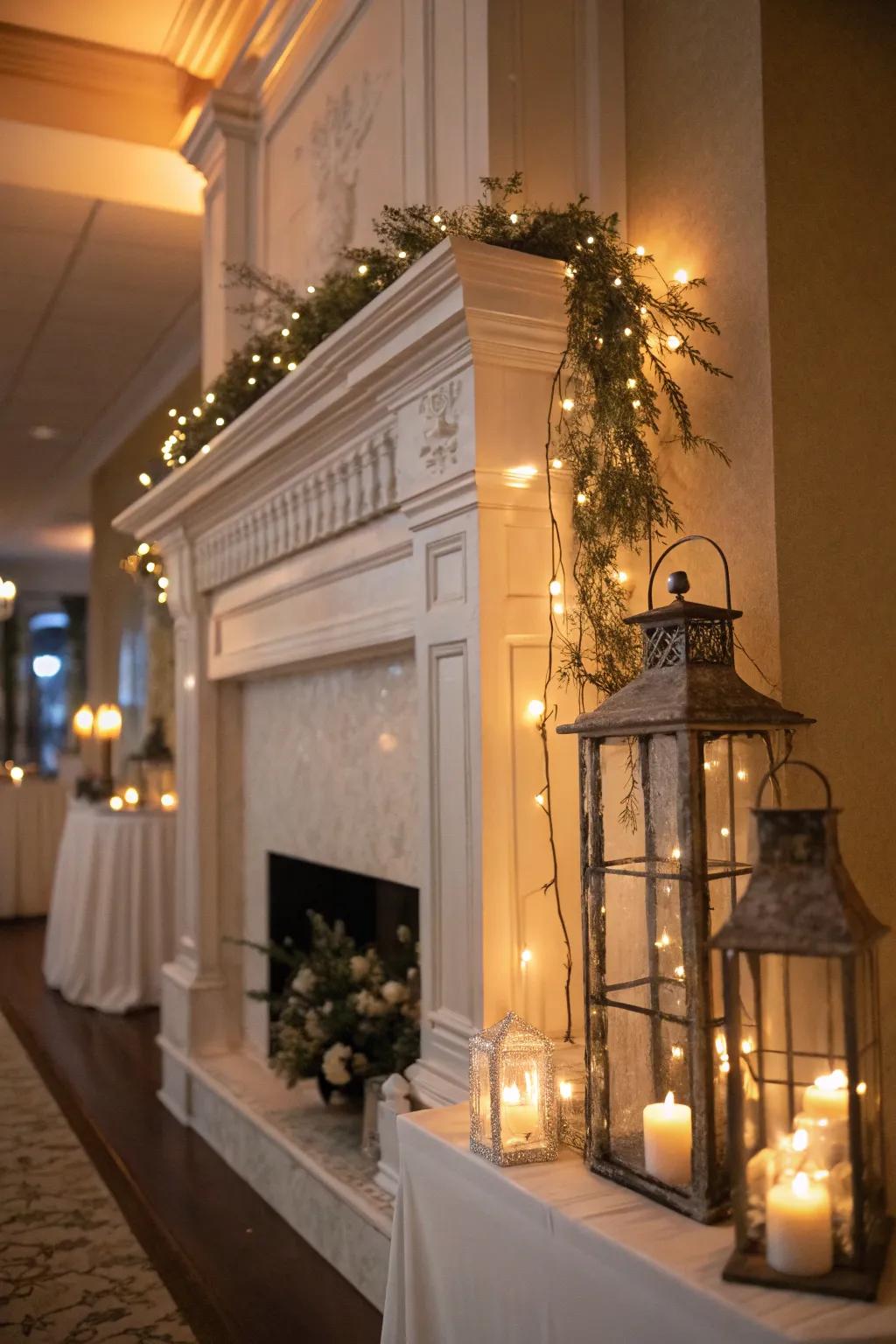 An elevated mantel featuring illumination accents to engender a welcoming and comfortable atmosphere.