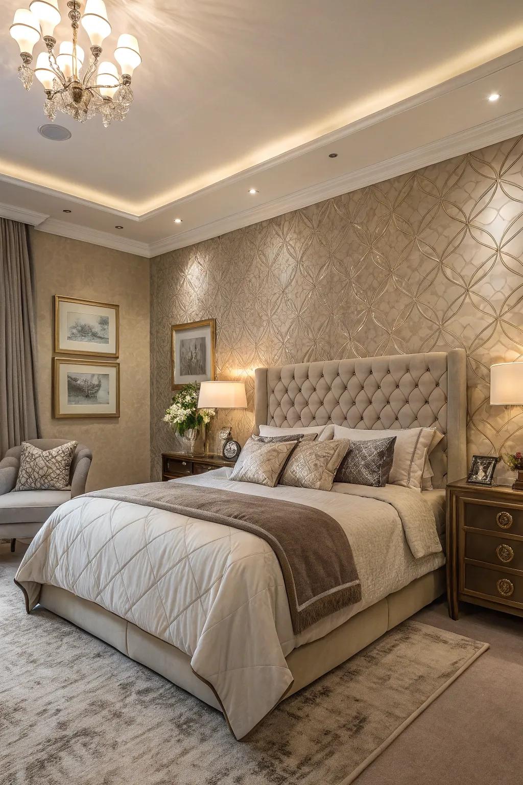 Textured greige wallcovering introducing dimension.