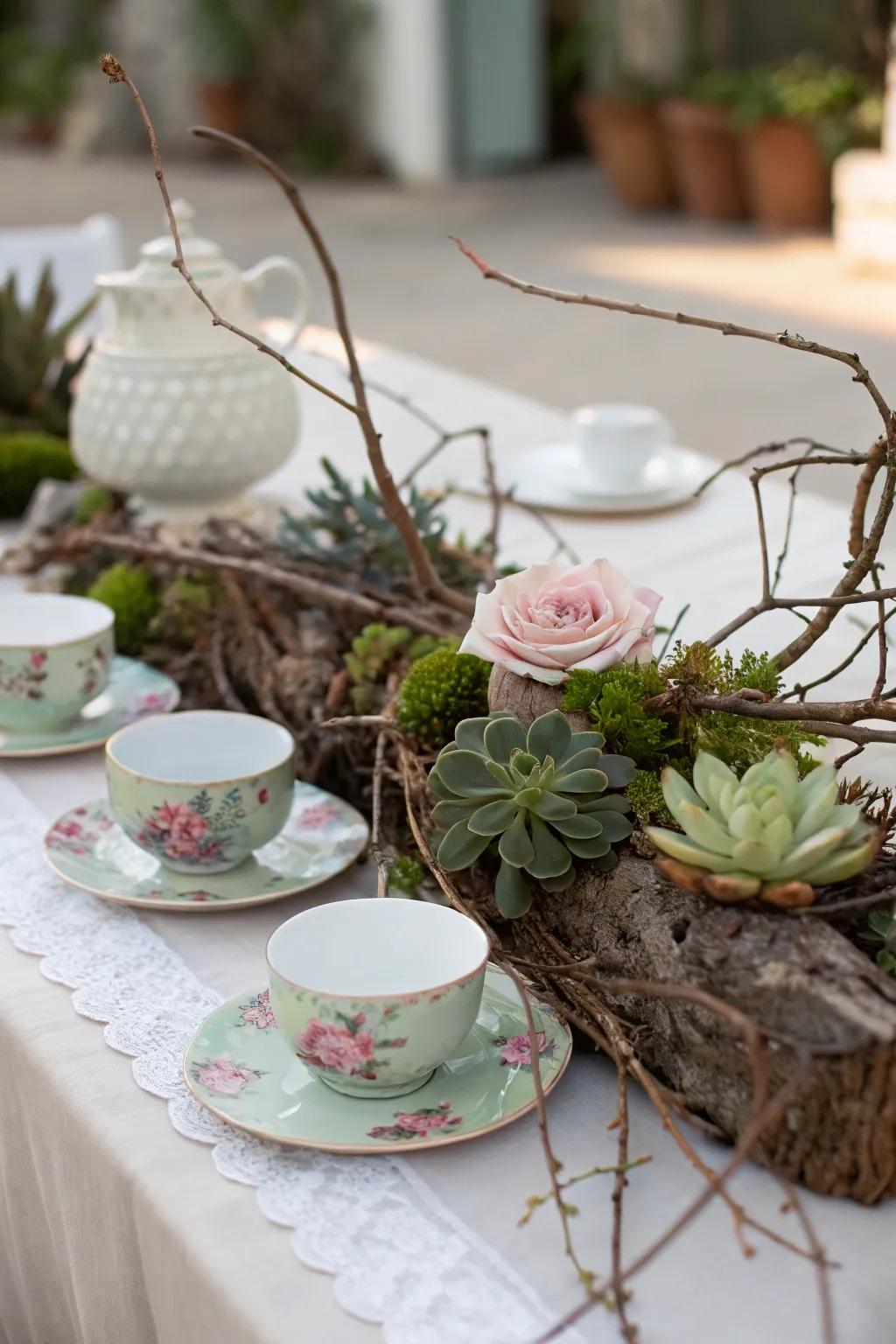 Natural components like branches add an organic touch to the decor.