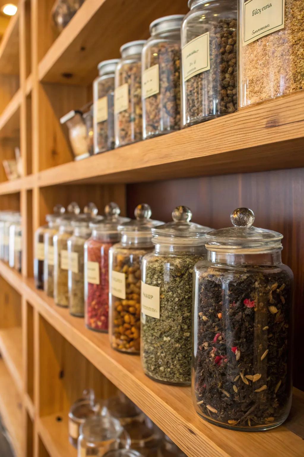 Upcycled jars employed for tea safekeeping.