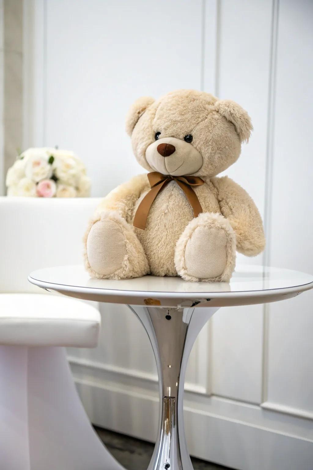 Elegant simplicity with a solitary stuffed bear centerpiece.