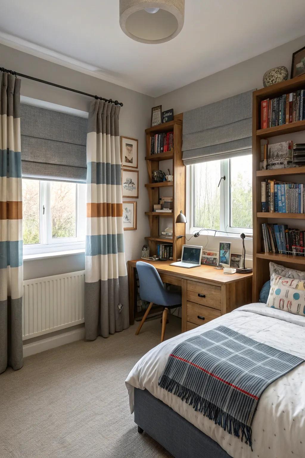 Tiered curtains and shades enable freedom in lighting and privacy.