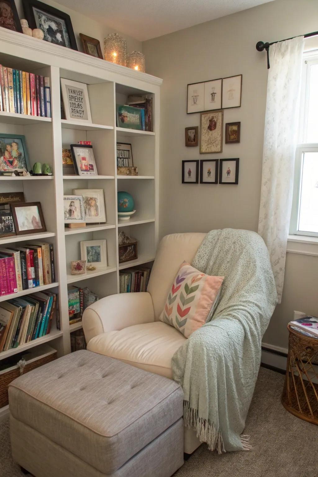 A reading nook offers a cozy retreat for relaxation.