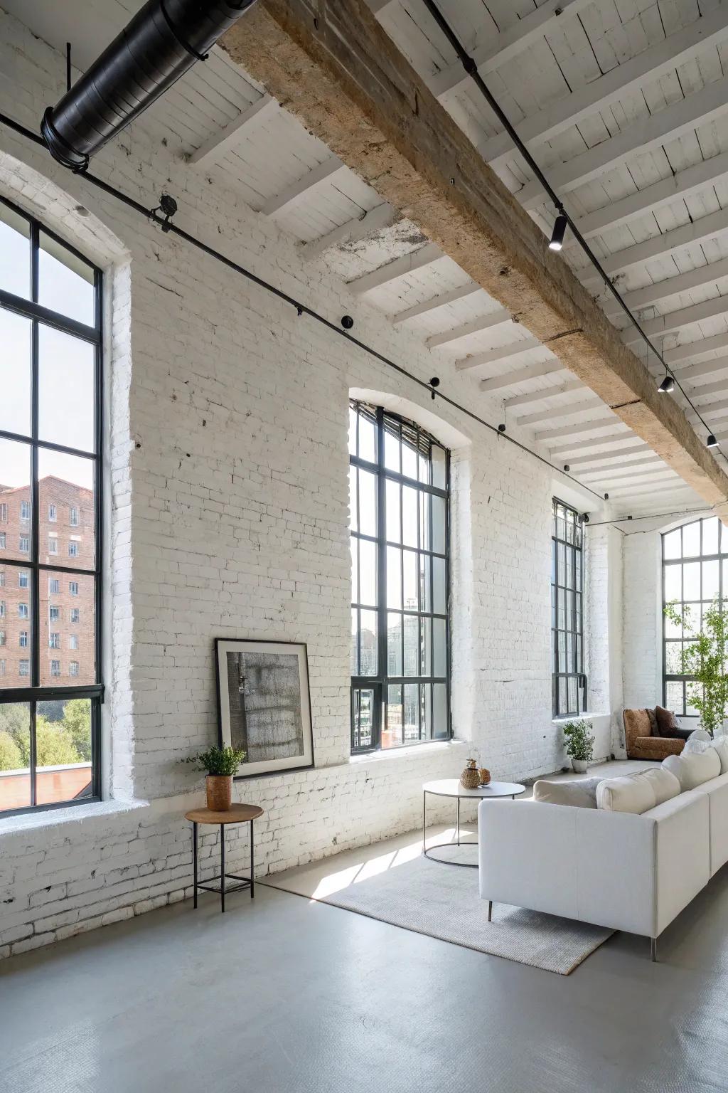 A studio loft featuring current white brick walls.