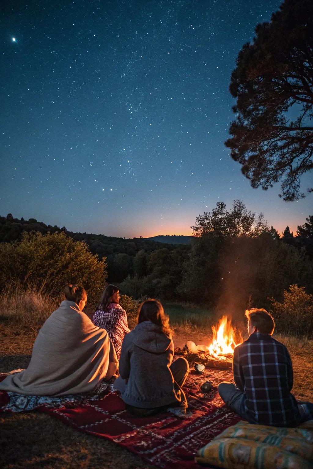 Cozy moments around an outdoor bonfire.