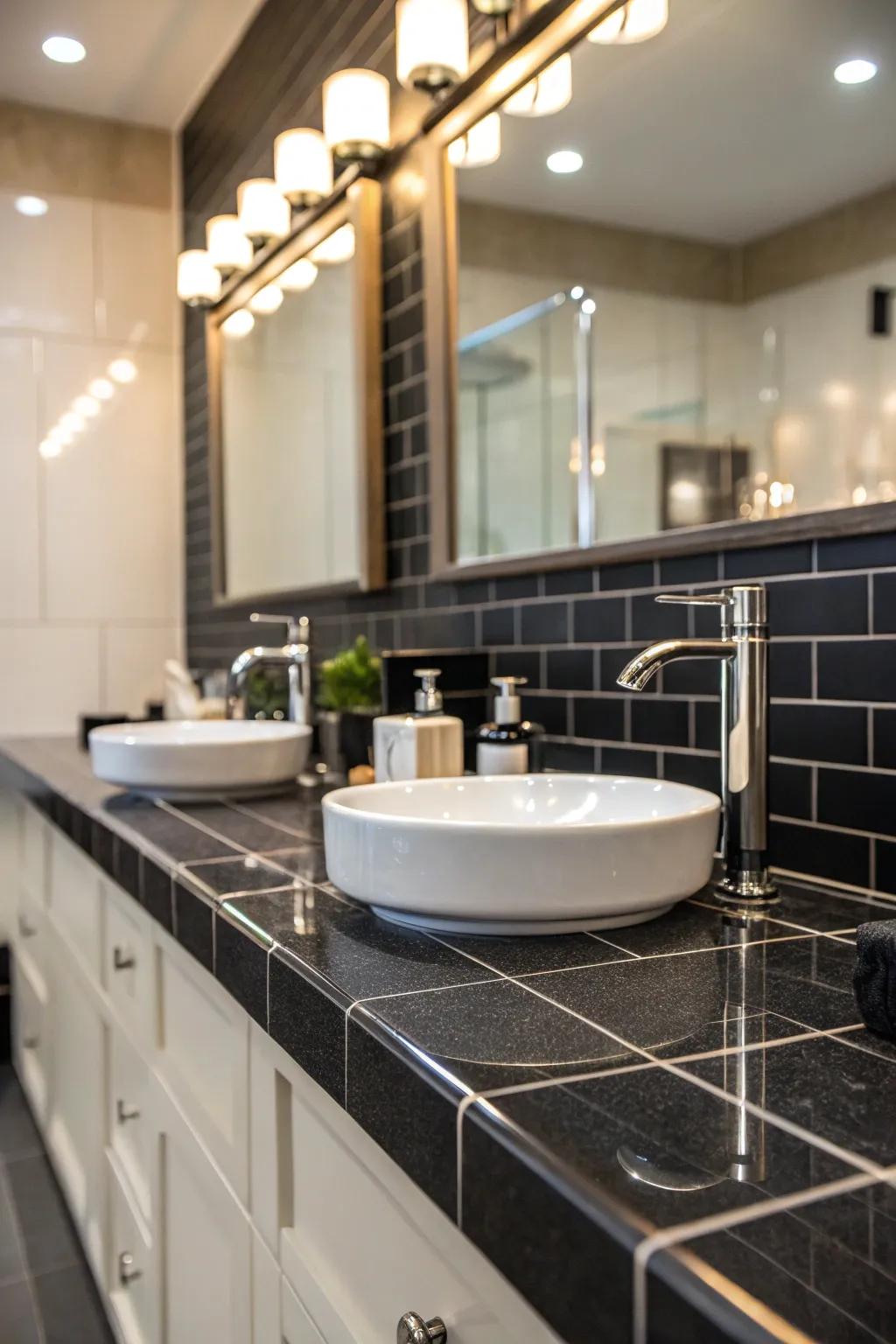 Black tiles deliver a polished and sophisticated aesthetic.