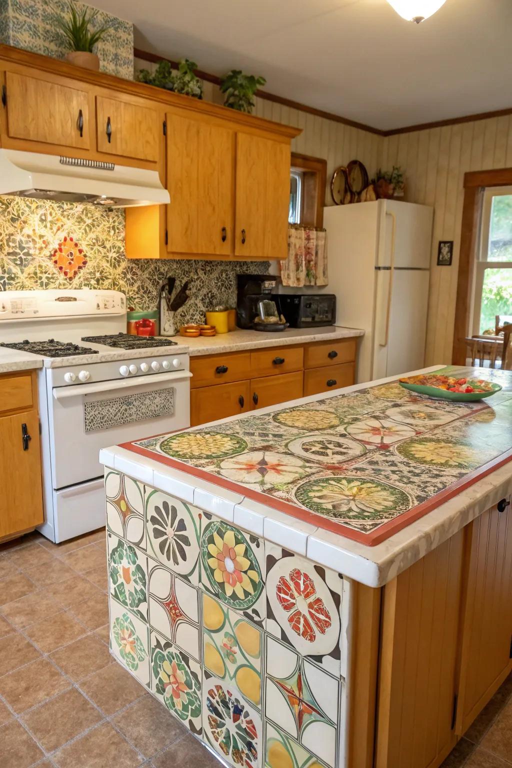 Retro tiles introduce a nostalgic nuance to this cooking space.