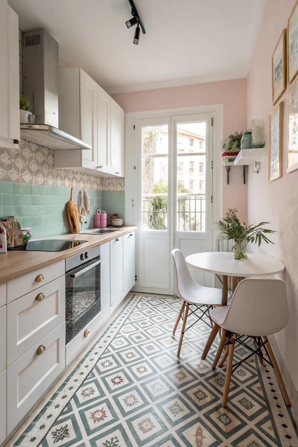 Patterned floors infuse style and the semblance of area into a compact kitchen.